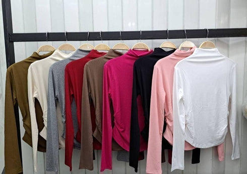 Women Solid Color High Neck Long Sleeves FittedTops